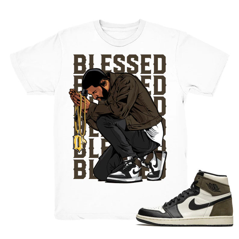 Drake Blessed - Retro 1 OG High Dark Mocha 2020 Match White Tee Shirts