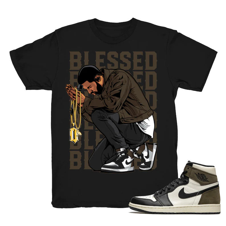 Drake Blessed - Retro 1 OG High Dark Mocha 2020 Match Black Tee Shirts