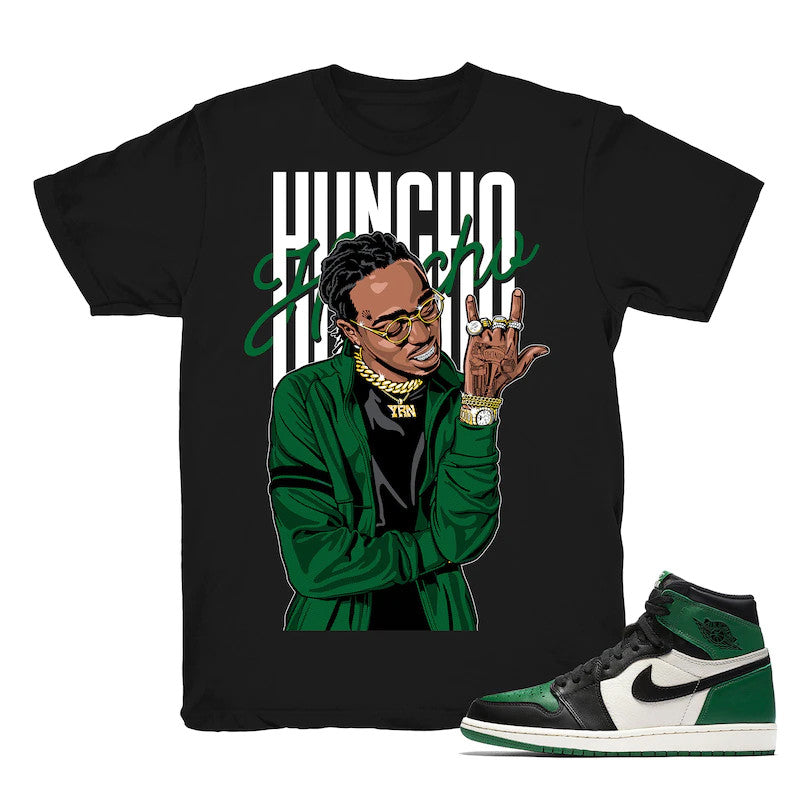 Huncho - Retro 1 High OG Pine Green Match Black Tee Shirts
