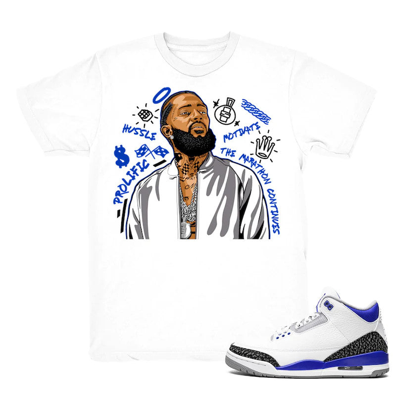 Nipsey Forever Fly - Retro 3 Racer Blue 2021 Match White Tee Shirts