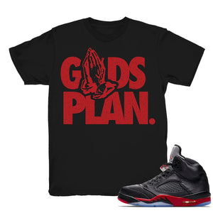 Drake Gods Plan - Retro 5 Satin Bred Match Black Tee Shirts