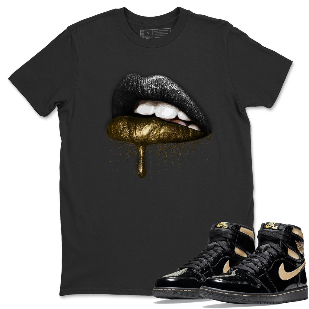 Dripping Lips Match Black Tee Shirts | Black Metallic Gold