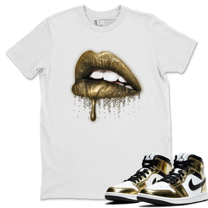 Dripping Lips Match White Tee Shirts | Metallic Gold