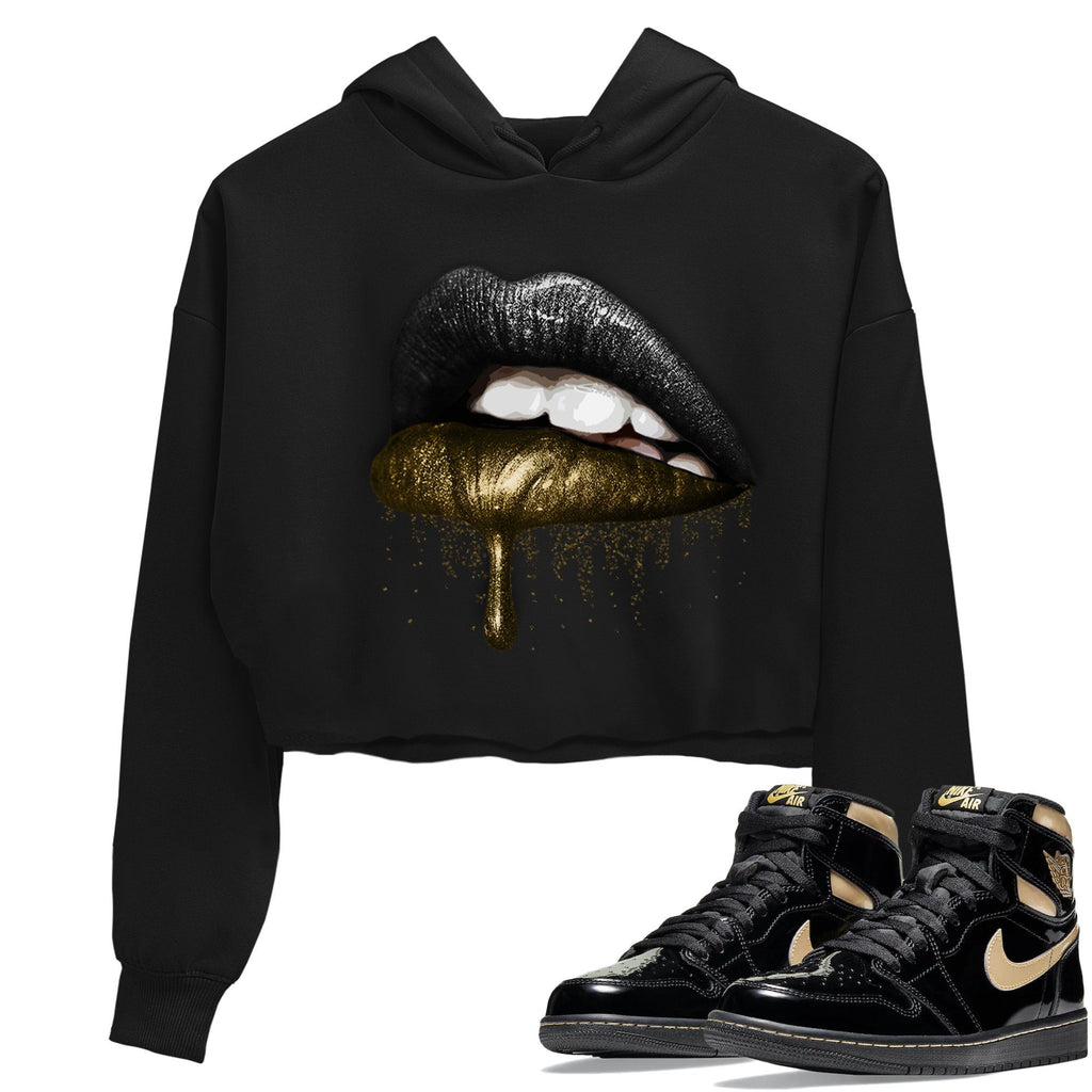 Dripping Lips Match Crop Hoodie | Black Metallic Gold